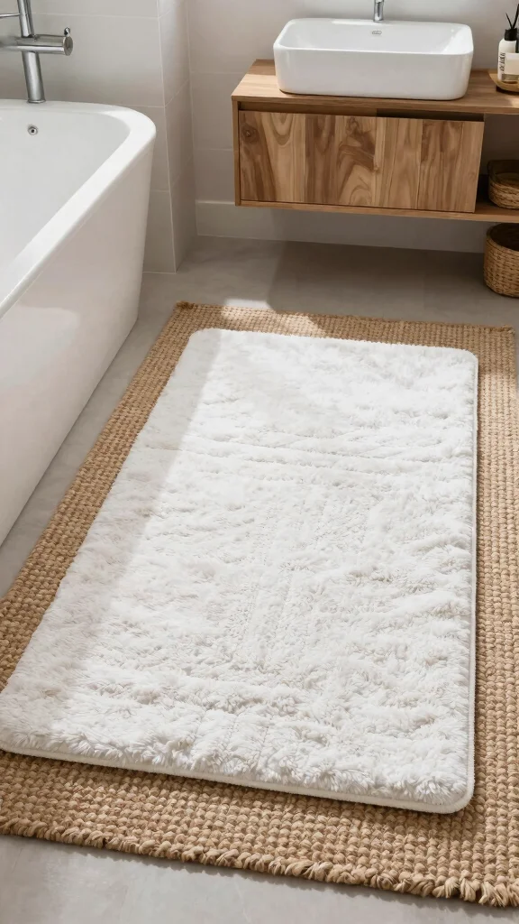12 Plush Bathroom Rug Ideas for a Soft Luxurious Feel Underfoot - 10. Textured Layered Rugs 1