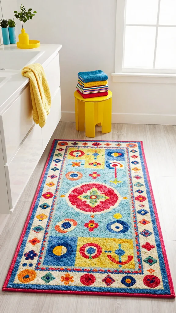 12 Plush Bathroom Rug Ideas for a Soft Luxurious Feel Underfoot - 9. Colorful Printed Rugs 1