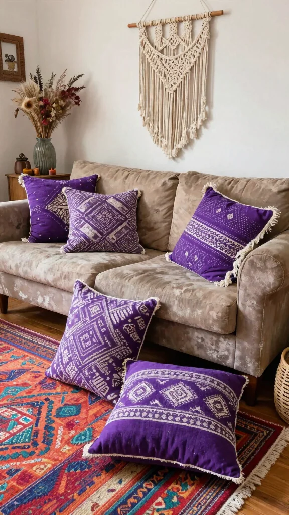 12 Purple Pillow Ideas From Lavender to Plum for Every Palette - 3. Vibrant Bohemian Patterns 1
