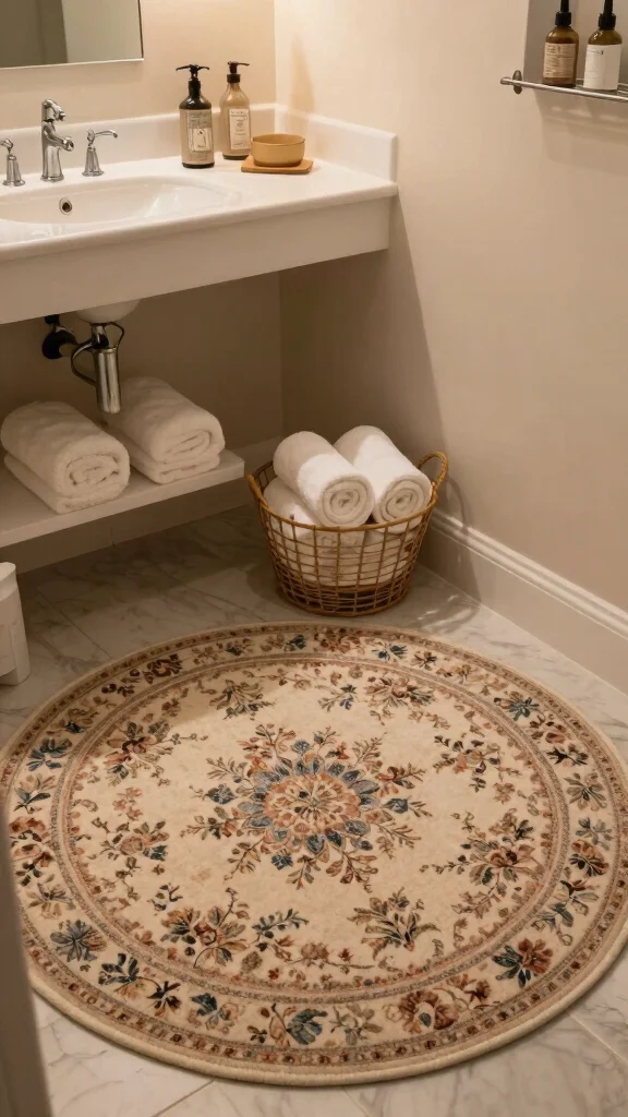 12 Round Bathroom Rug Ideas for a Soft Sculptural Floor Detail - 11. Vintage-Inspired Round Rugs 1
