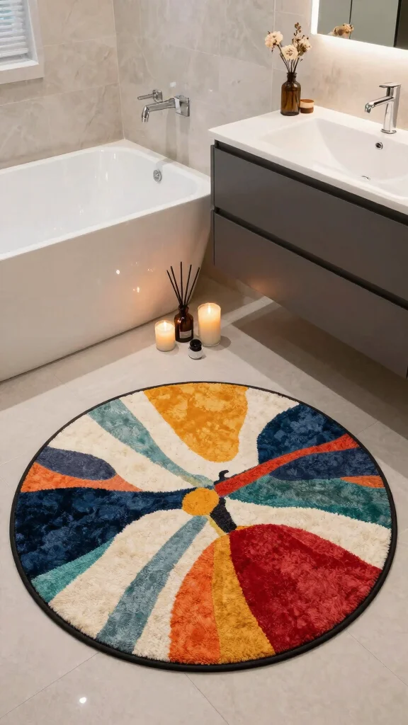 12 Round Bathroom Rug Ideas for a Soft Sculptural Floor Detail - 7. Artistic Printed Round Rugs 1