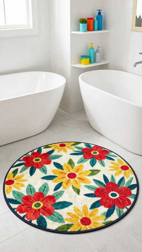 12 Round Bathroom Rug Ideas for a Soft Sculptural Floor Detail - 9. Patterned Outdoor Round Rugs 1