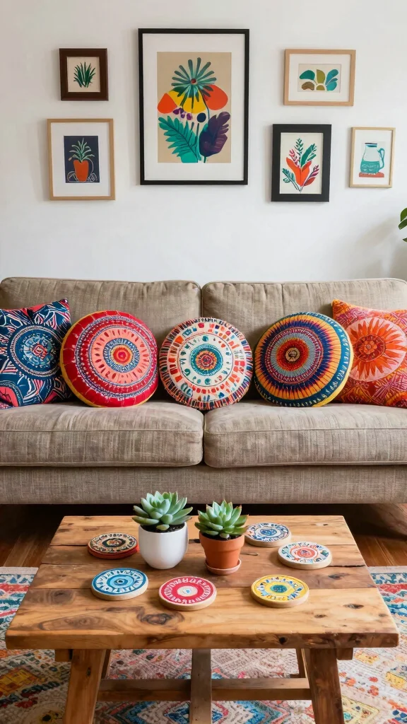12 Round Pillow Ideas for a Soft Sculptural Couch or Bed Detail - 4. Colorful Boho-Style Round Pillows 1