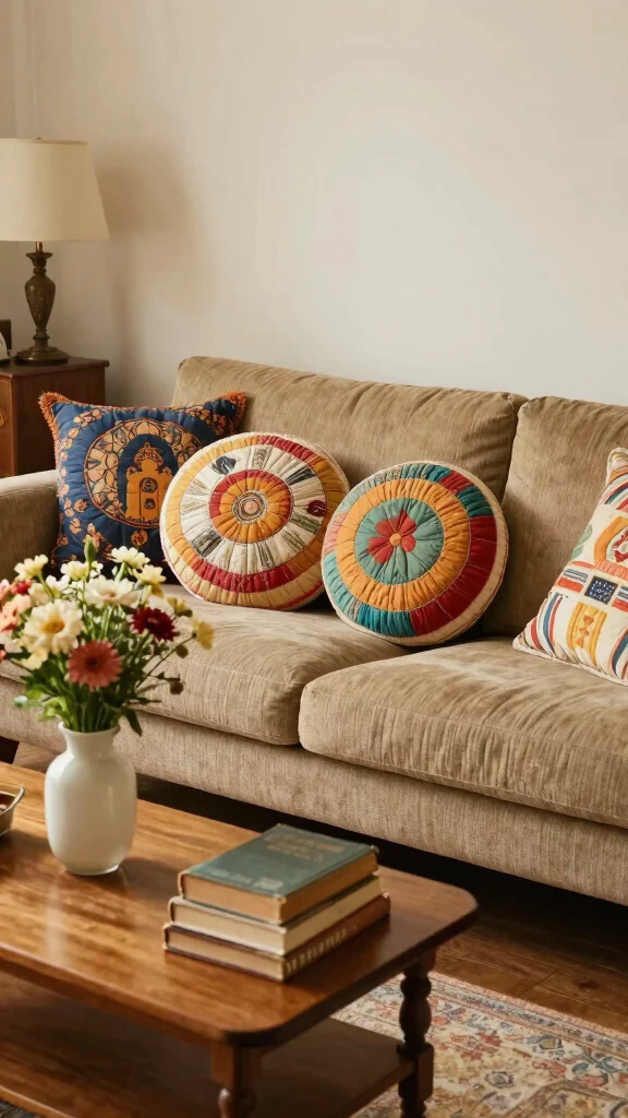12 Round Pillow Ideas for a Soft Sculptural Couch or Bed Detail - 8. Quilted Round Pillows 1