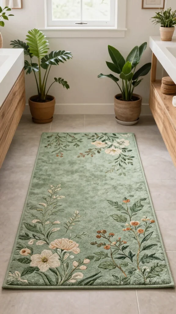12 Sage Green Bathroom Rug Ideas for a Calm Earthy Bathroom Floor - 6. Nature-Inspired Prints 1