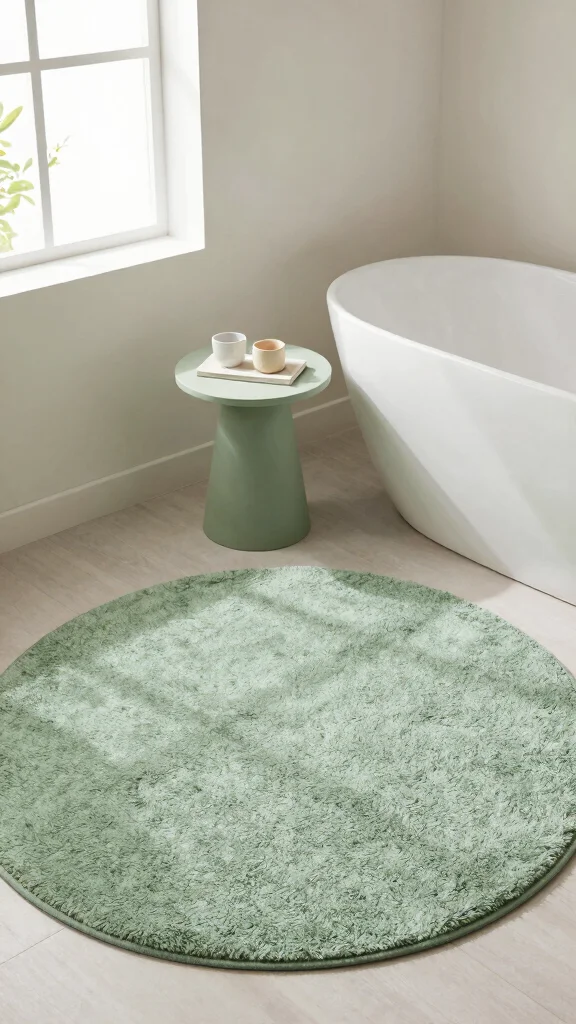 12 Sage Green Bathroom Rug Ideas for a Calm Earthy Bathroom Floor - 7. Round Rugs for Soft Corners 1