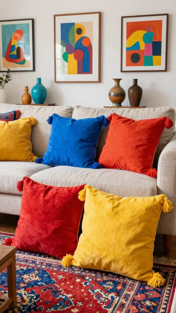 12 Tassel Pillow Ideas for a Playful Decorative Finishing Touch - 3. Boho Brights 1