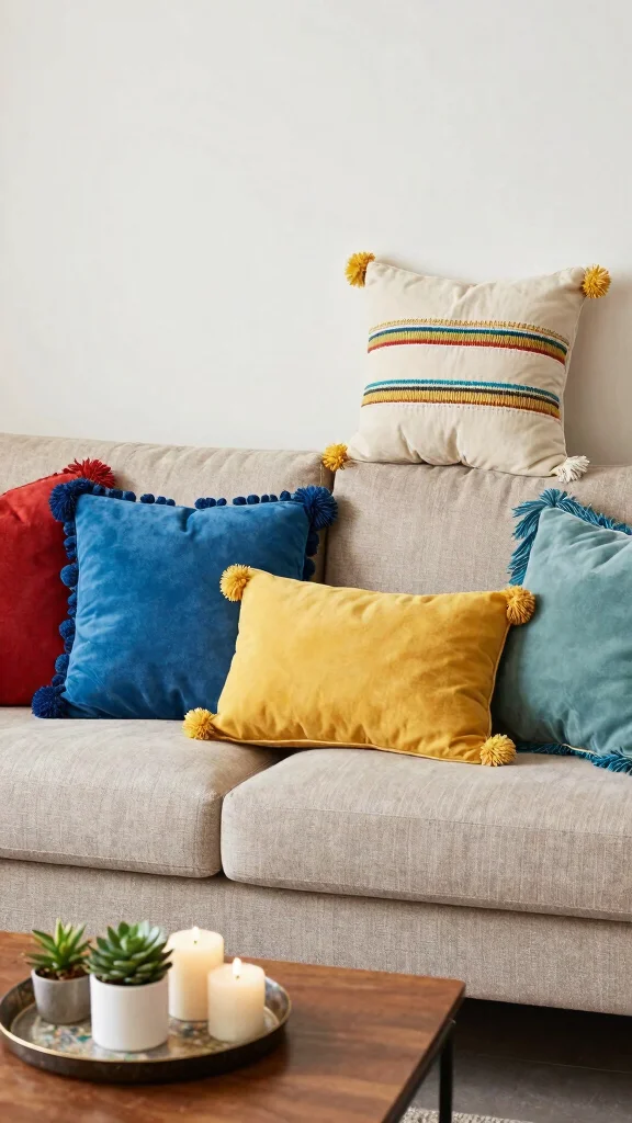 12 Textured Pillow Ideas for Depth, Warmth, and Tactile Interest - 6. Pom-Pom and Fringe Pillows 1