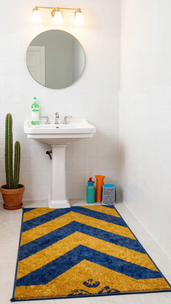 12 Vintage-Style Bathroom Rug Ideas for a Nostalgic Character-Rich Floor - 2. Geometric Patterns for a Retro Twist 1