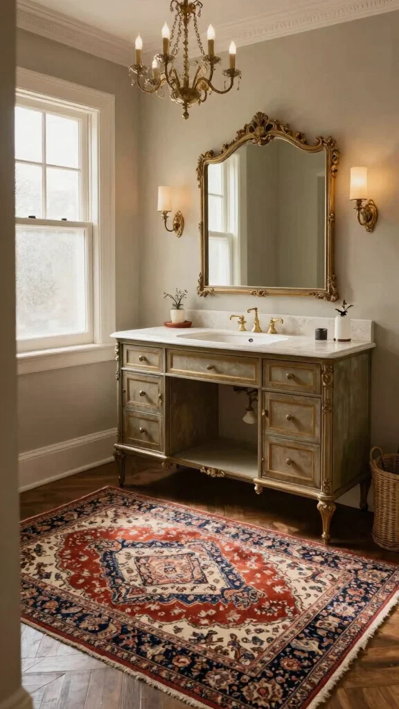 12 Vintage-Style Bathroom Rug Ideas for a Nostalgic Character-Rich Floor - 3. Antique-Inspired Rugs for Timeless Elegance 1