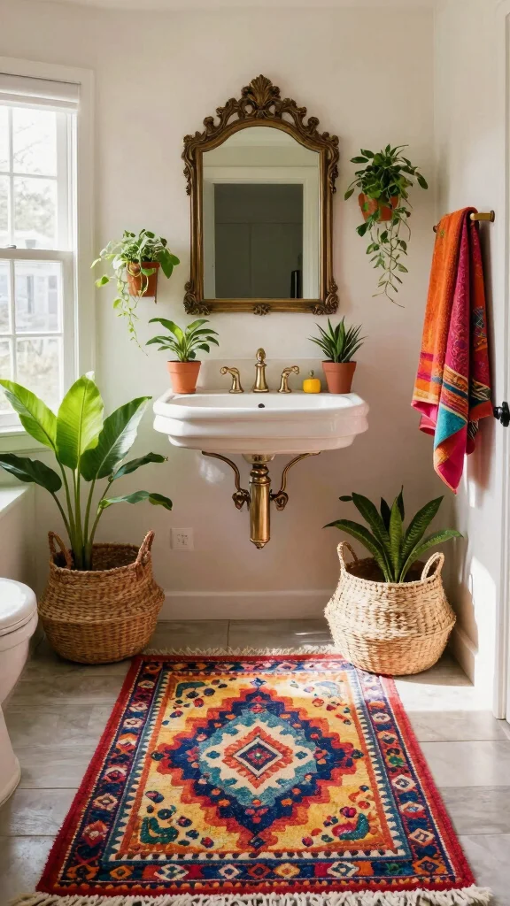 12 Vintage-Style Bathroom Rug Ideas for a Nostalgic Character-Rich Floor - 4. Bohemian Textiles for an Eclectic Vibe 1