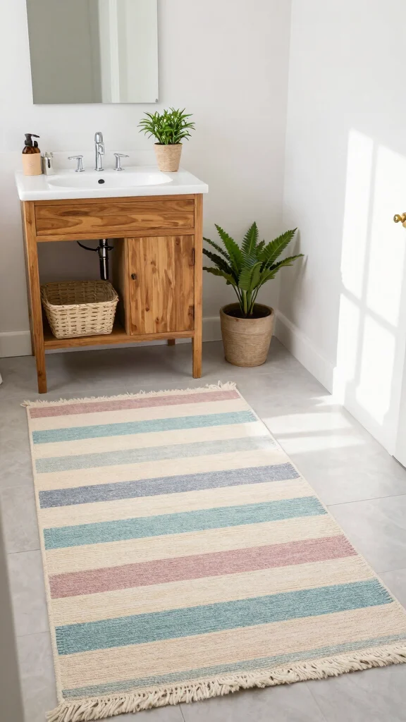 12 Vintage-Style Bathroom Rug Ideas for a Nostalgic Character-Rich Floor - 5. Classic Stripe Rugs for Understated Charm 1