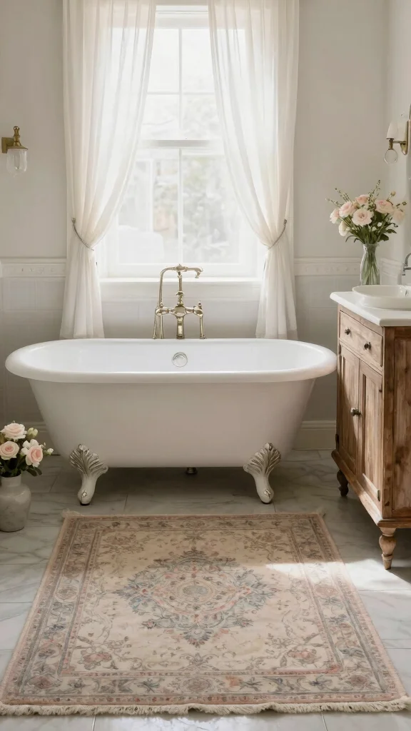 12 Vintage-Style Bathroom Rug Ideas for a Nostalgic Character-Rich Floor - 6. Shabby Chic Textiles for a Soft, Vintage Look 1