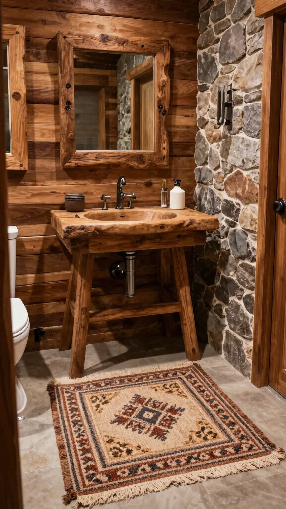 12 Vintage-Style Bathroom Rug Ideas for a Nostalgic Character-Rich Floor - 7. Lodge-Style Rugs for a Rustic Retreat 1