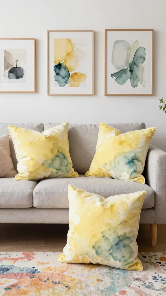 12 Yellow Pillow Ideas for a Sunny Cheerful Pop of Color - 12. Artistic Watercolor Designs 1