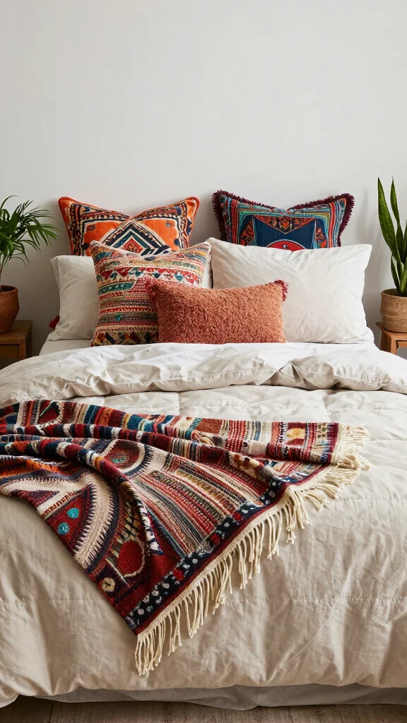 13 Bed Pillow Arrangement Ideas From Minimal to Lush - 11. Bohemian Bliss 1