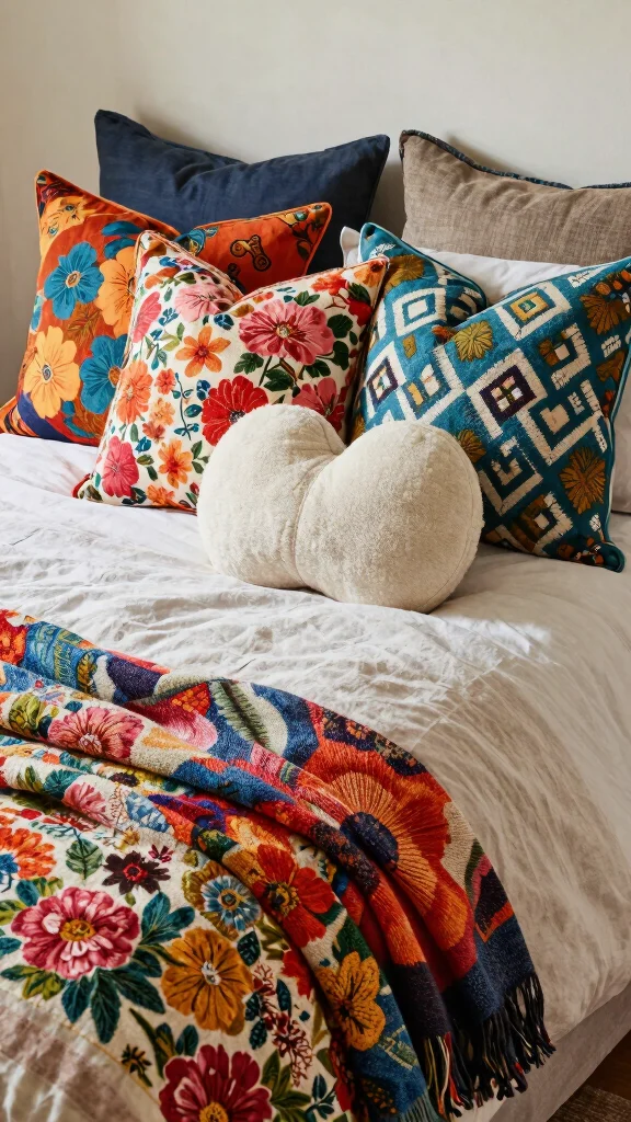 13 Bed Pillow Arrangement Ideas From Minimal to Lush - 2. Eclectic Layering 1