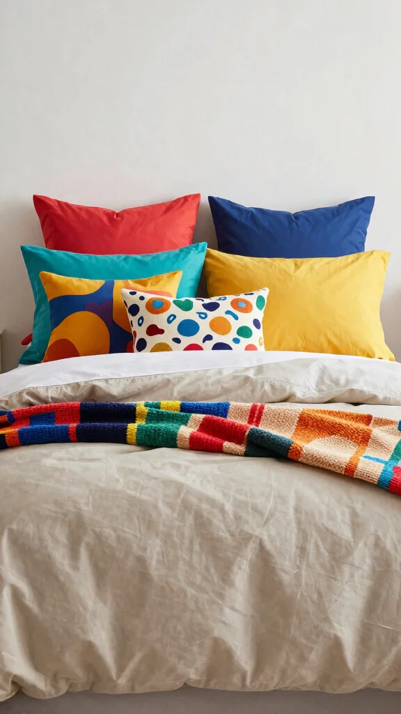 13 Bed Pillow Arrangement Ideas From Minimal to Lush - 6. Bold and Bright 1