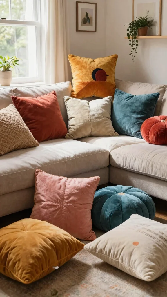 13 Living Room Pillow Ideas for Color, Texture, and Personality - 12. Play with Shapes 1