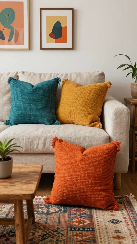 13 Living Room Pillow Ideas for Color, Texture, and Personality - 3. Sustainable Handwoven Textiles 1