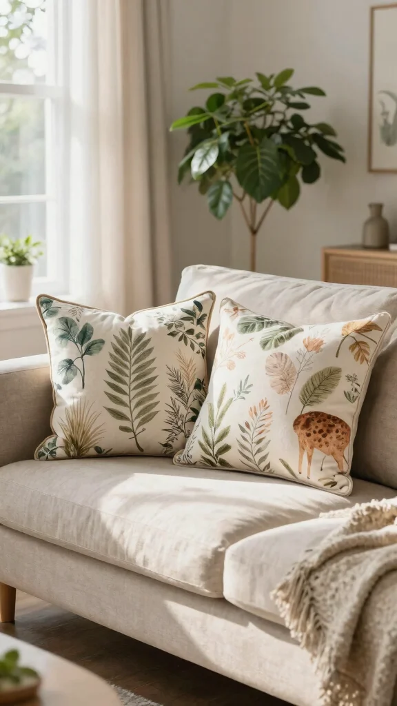 13 Living Room Pillow Ideas for Color, Texture, and Personality - 4. Nature-Inspired Prints 1