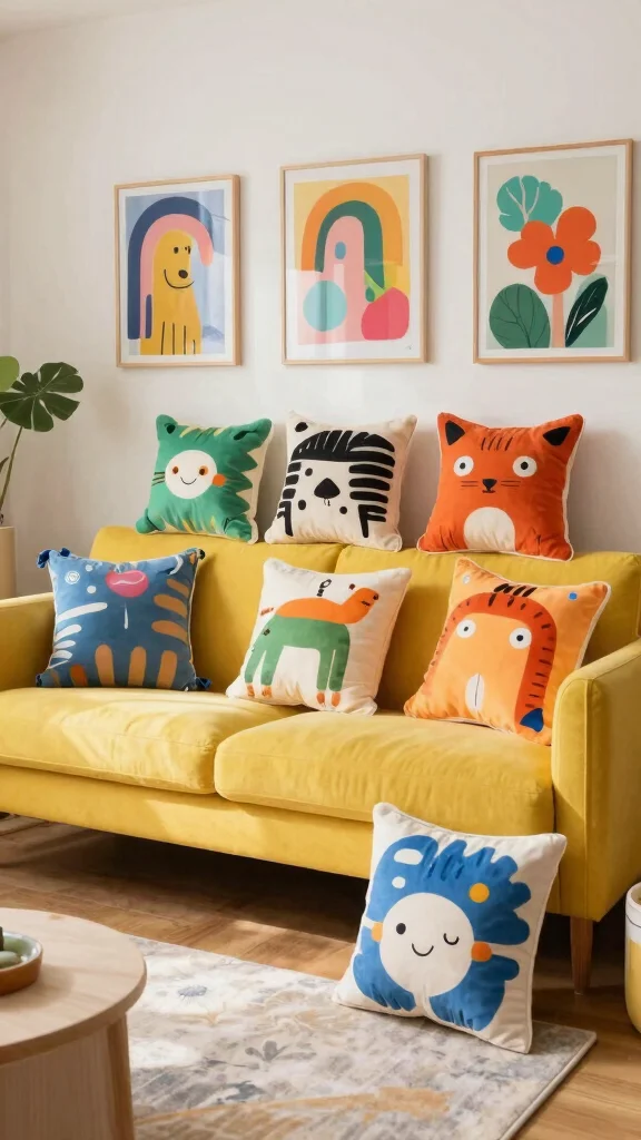 13 Living Room Pillow Ideas for Color, Texture, and Personality - 6. Whimsical Designs for Playfulness 1