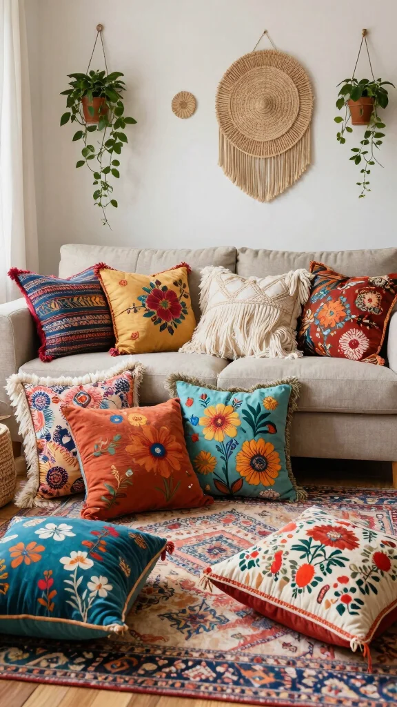 13 Living Room Pillow Ideas for Color, Texture, and Personality - 9. Boho Chic Vibes 1