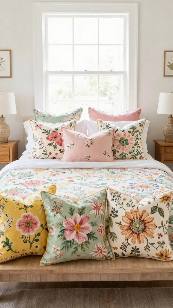 13 Patterned Pillow Ideas for a Bold Eye-Catching Couch or Bed Display - 2. Floral Prints for a Touch of Nature 1
