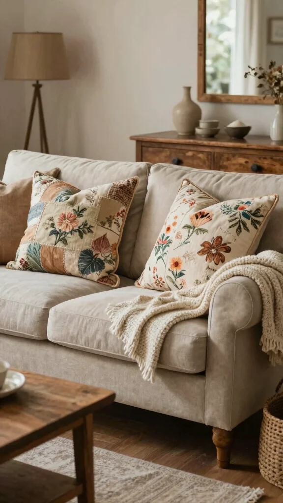 13 Patterned Pillow Ideas for a Bold Eye-Catching Couch or Bed Display - 7. Vintage-Inspired Floral Patchwork 1