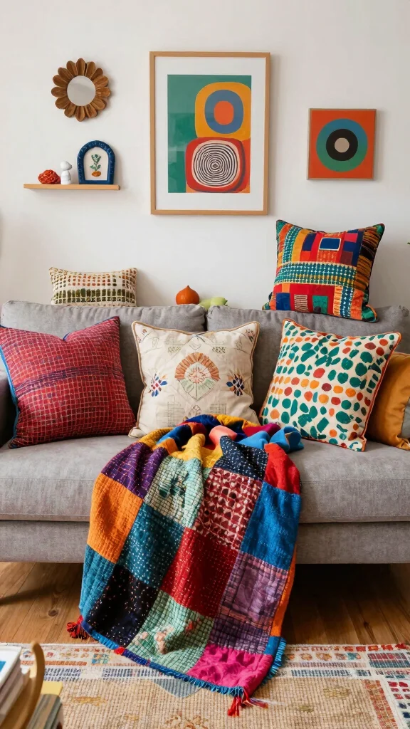 13 Pillow and Throw Combo Ideas for a Cozy Cohesive Living Space - 12. Colorful Patchwork 1