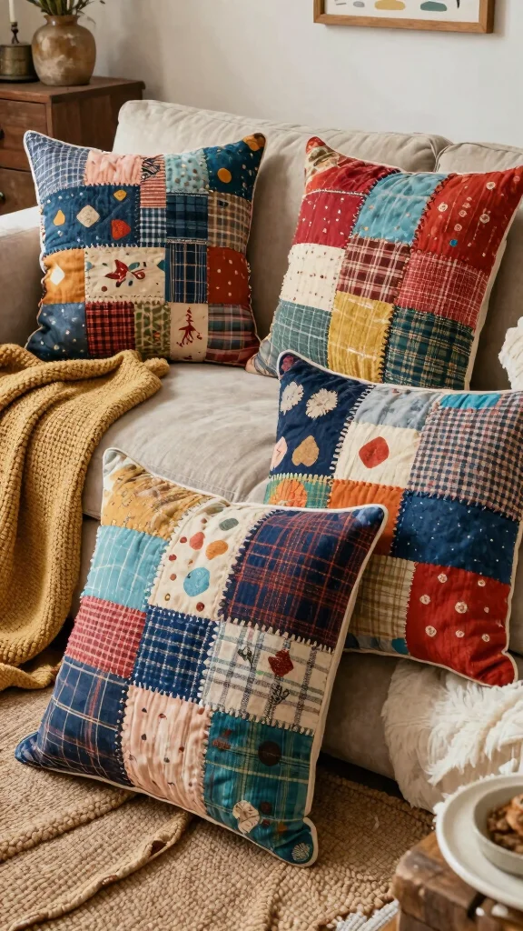 14 Couch Pillow Ideas for a Styled Comfortable Living Room - 13. Patchwork Pillows 1