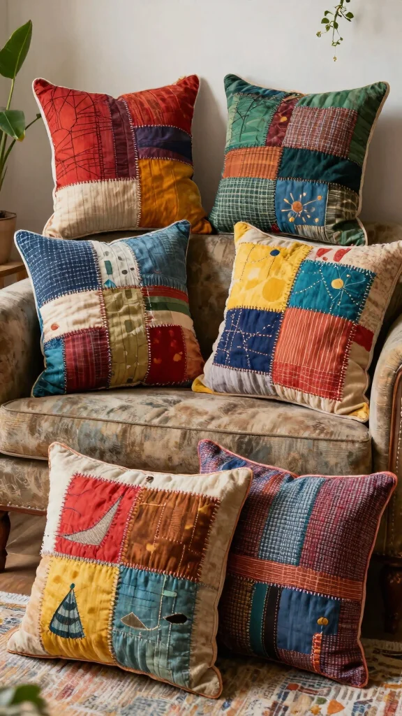 14 Couch Pillow Ideas for a Styled Comfortable Living Room - 5. Upcycled Fabrics Pillows 1