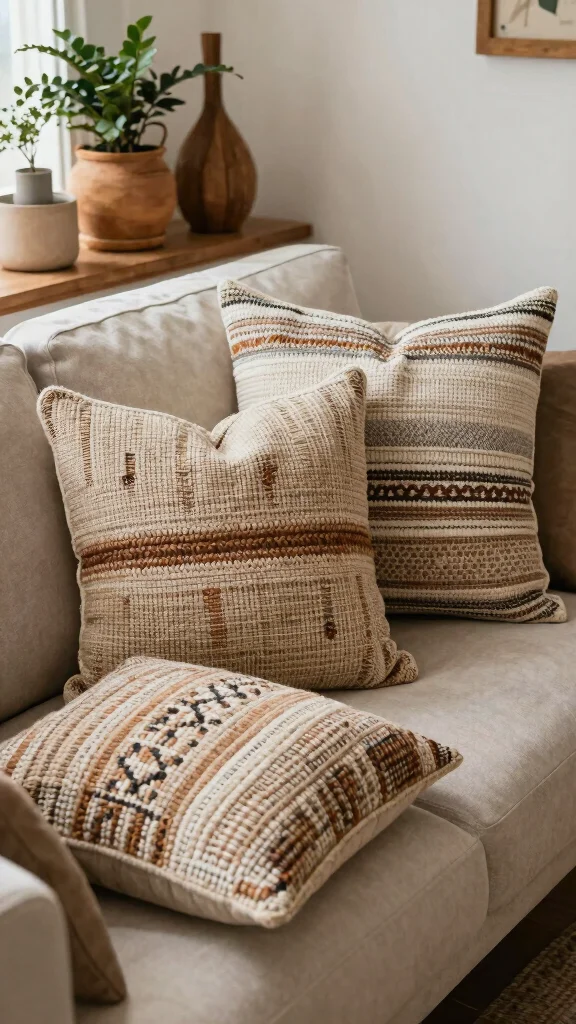 14 Couch Pillow Ideas for a Styled Comfortable Living Room - 7. Hand-Woven Pillows 1
